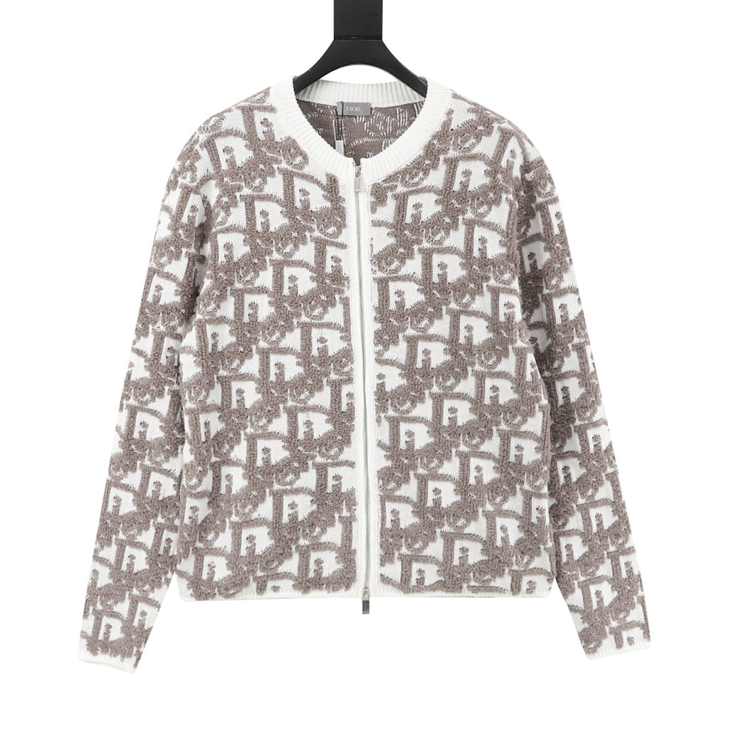 Dior Women's Men's White and Brown Oblique Jacquard Full-Zip Cardigan