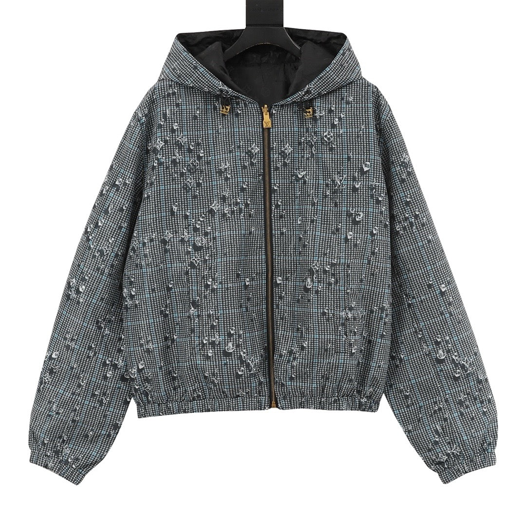 Louis Vuitton 25FW Reversible Monogram Crystal Hooded Jacket | Grey Check LV All-Over Print