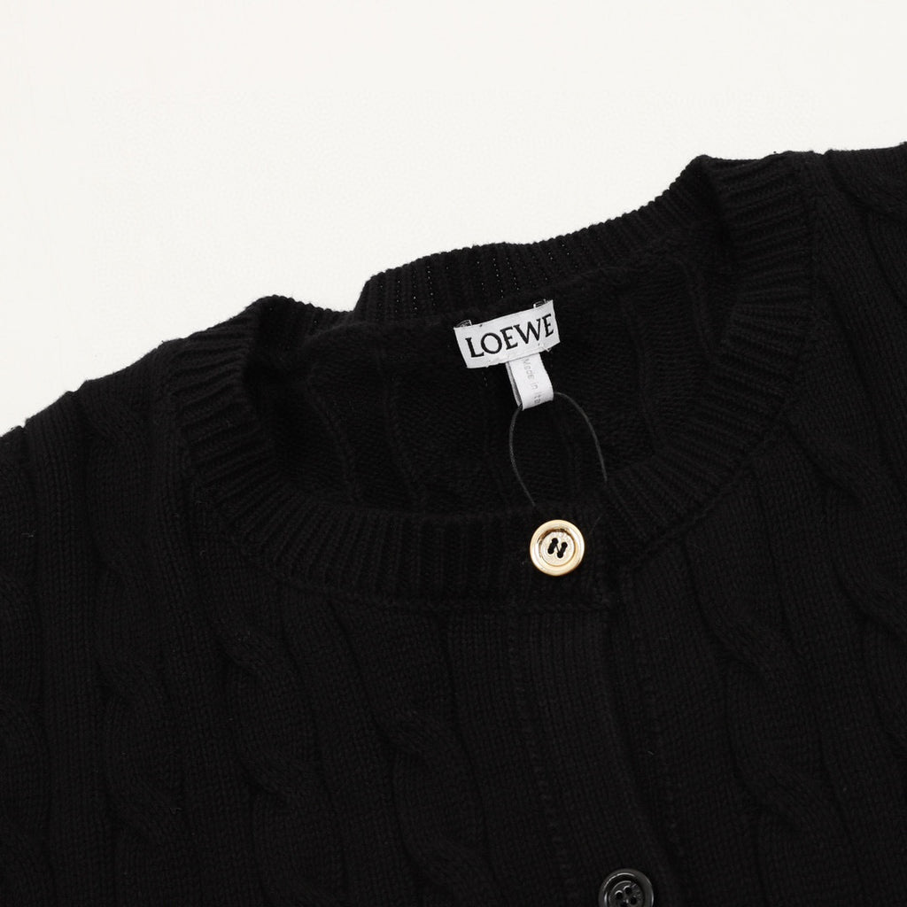 Loewe Anagram Gold Embroidered Cable Sleeve Knit Cardigan