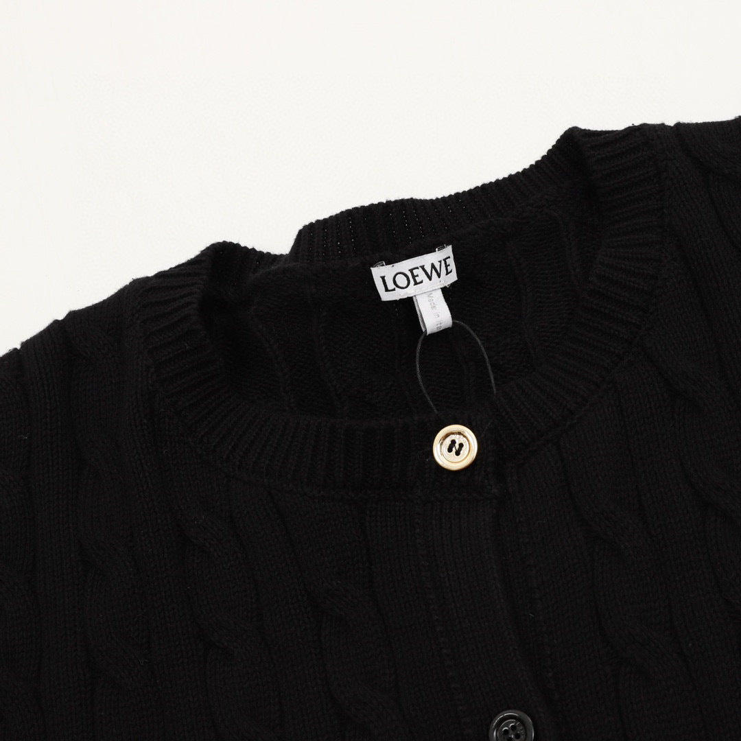 Loewe Anagram Gold Embroidered Cable Sleeve Knit Cardigan