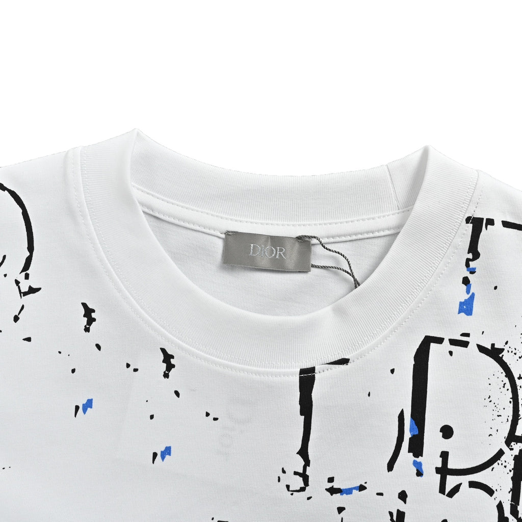 Dior Men's White Splatter Oblique Logo Print T-Shirt