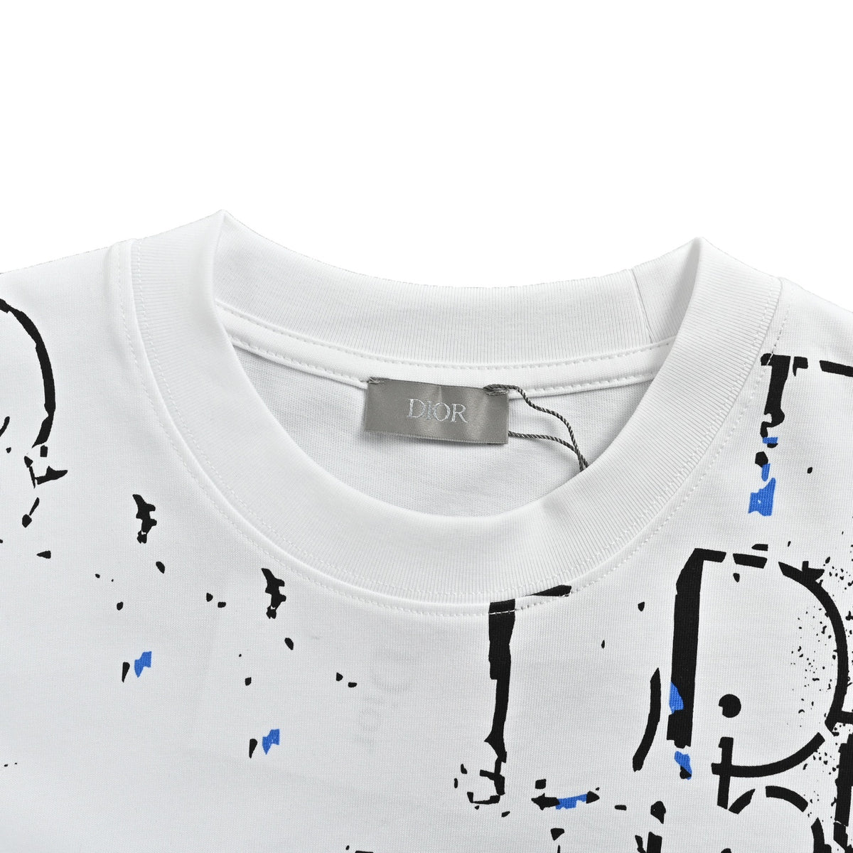 Dior Men's White Splatter Oblique Logo Print T-Shirt