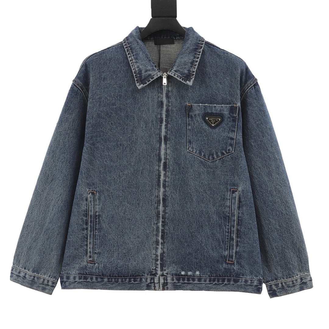 Prada Women's & Men's Vintage Blue Triangle Logo Zip-Up Denim Jacket
