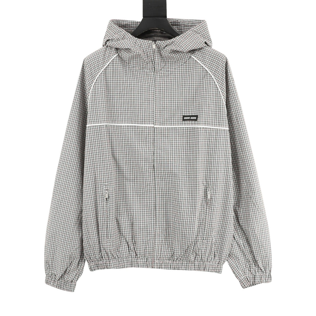 Miu Miu Check Technical Fabric Hooded Zip Jacket | Grey Plaid Lightweight Casual Outerwear