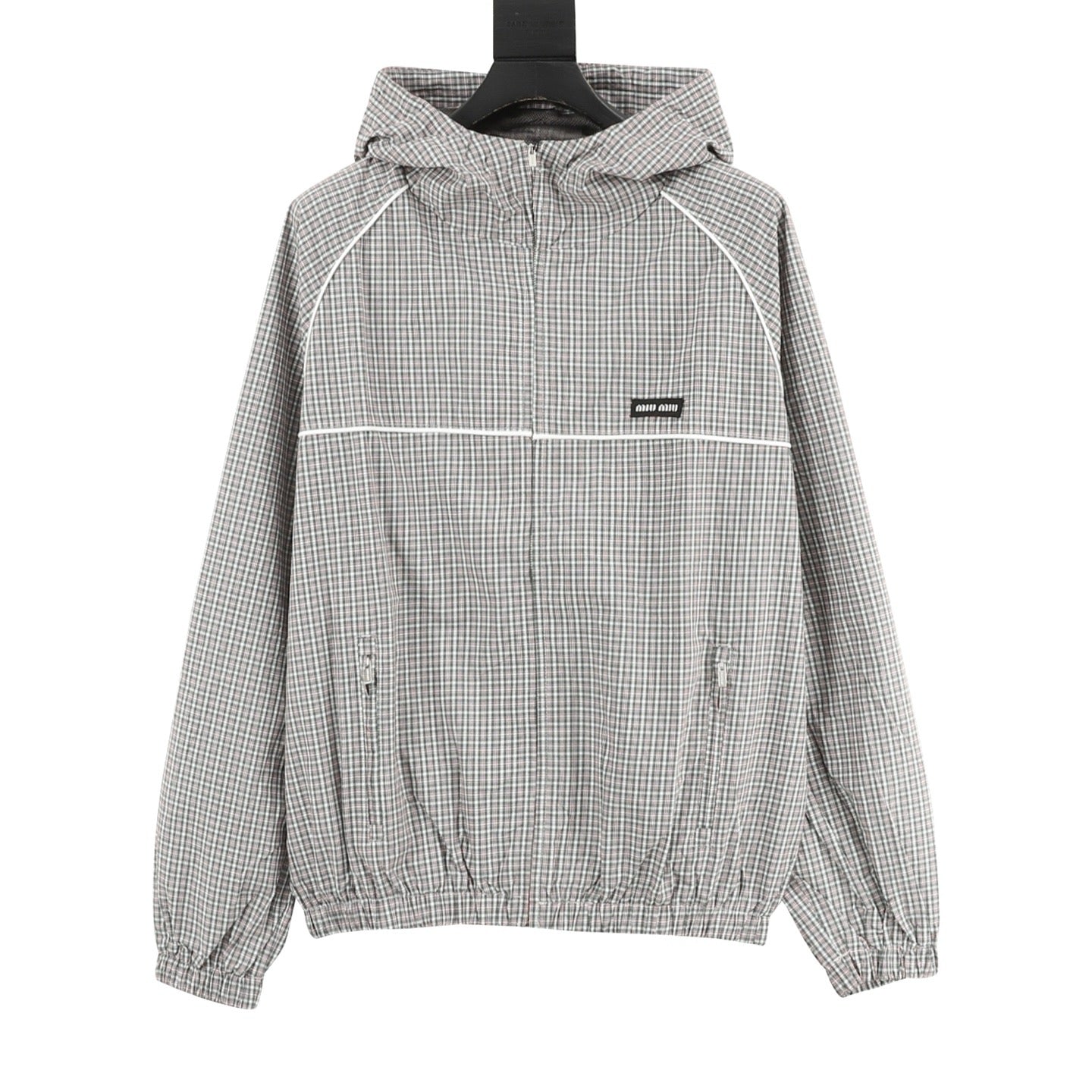 Miu Miu Check Technical Fabric Hooded Zip Jacket | Grey Plaid Lightweight Casual Outerwear