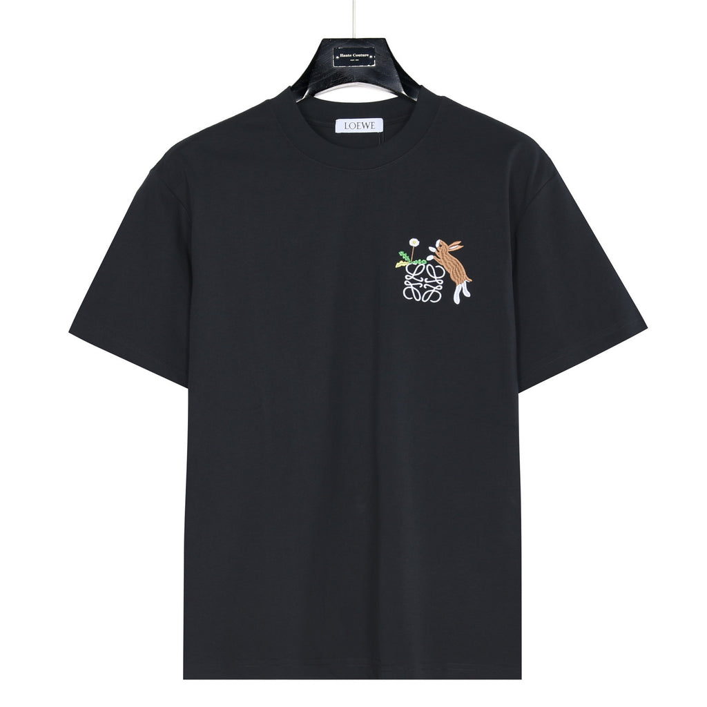 Loewe Rabbit Embroidery and Anagram Short-Sleeve T-Shirt in Black