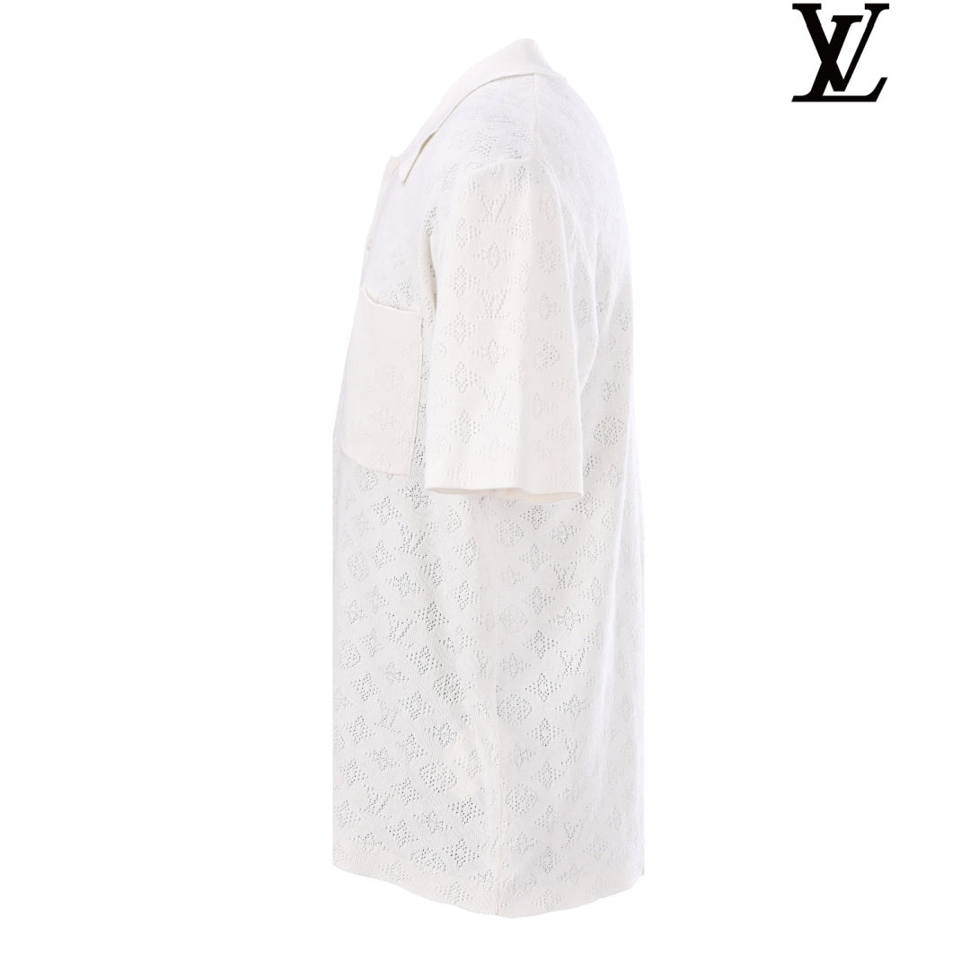 Louis Vuitton Men's White Monogram Mesh-Knit Short-Sleeve Shirt