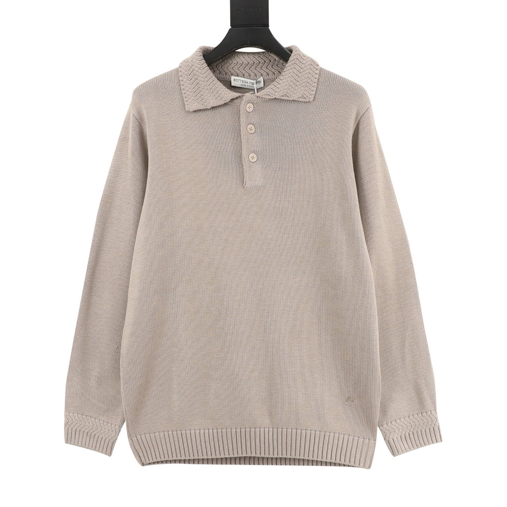 Bottega Veneta Tricolor Textured Knit Collar Wool Polo Sweater | Camel Relaxed Luxury Knitwear