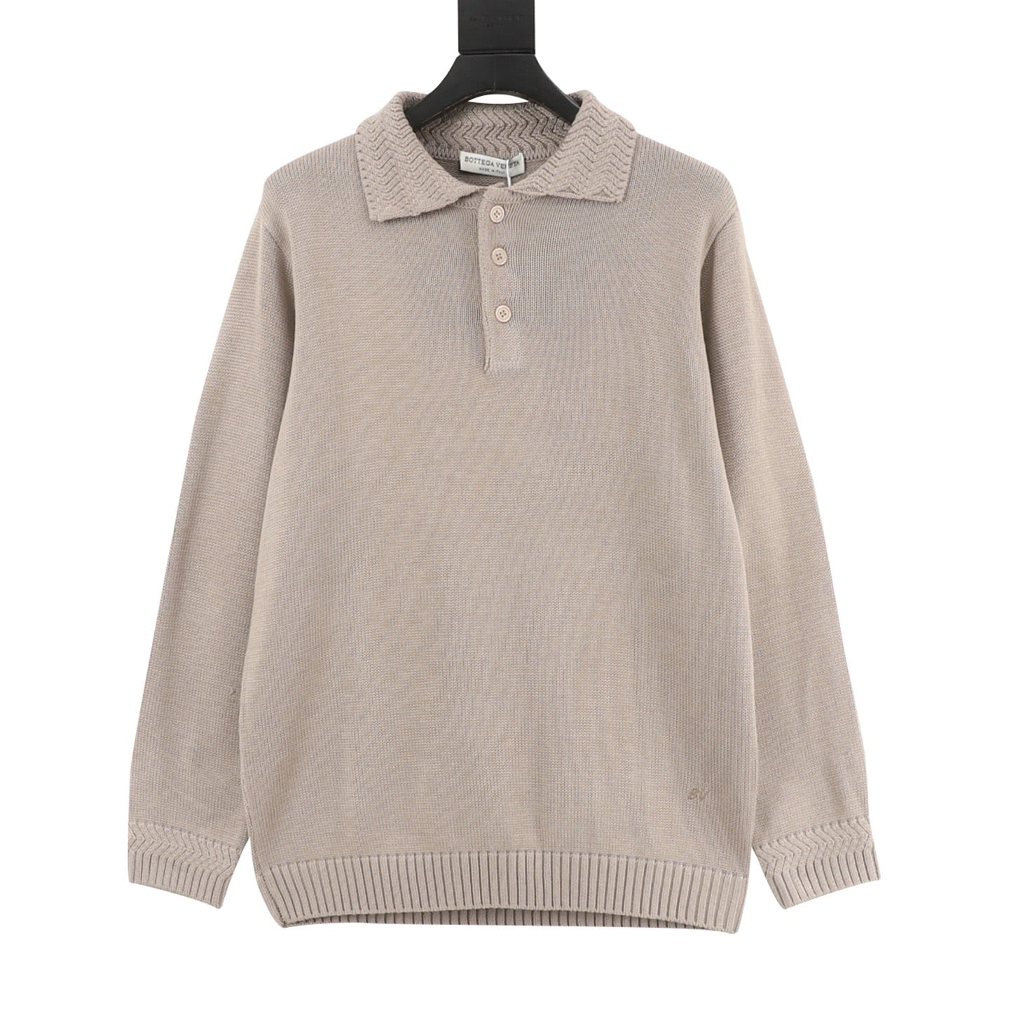 Bottega Veneta Tricolor Textured Knit Collar Wool Polo Sweater | Camel Relaxed Luxury Knitwear