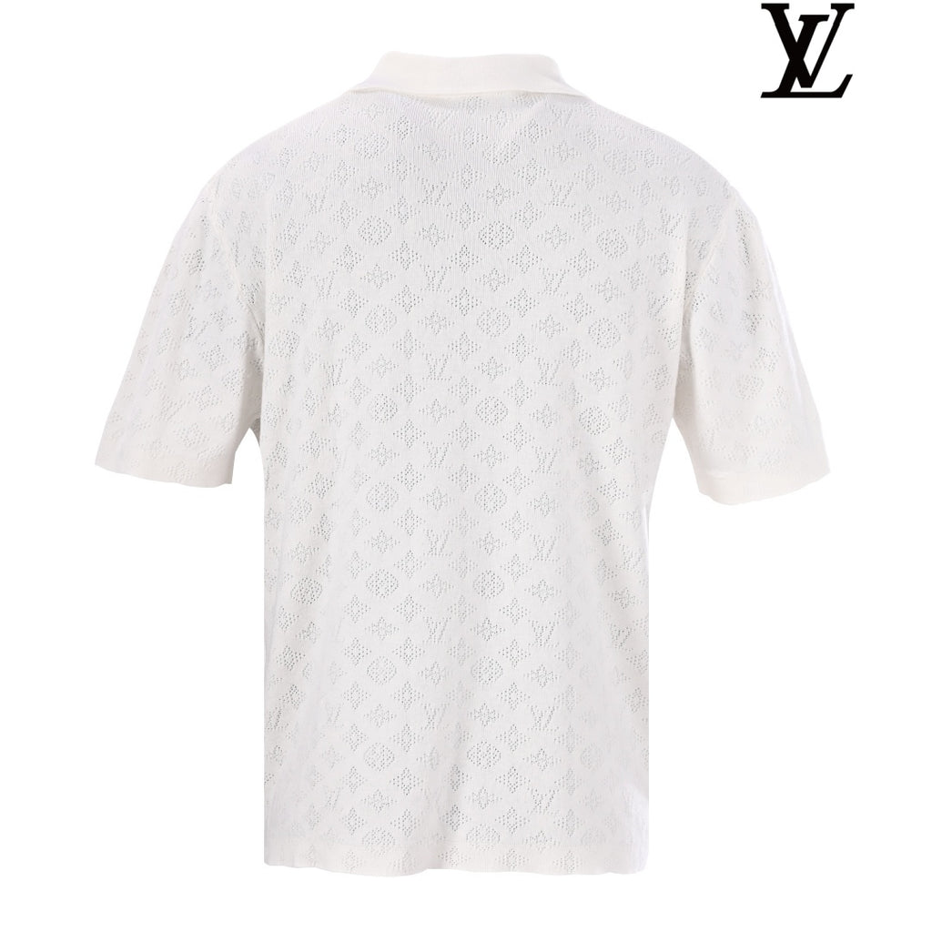 Louis Vuitton Men's White Monogram Mesh-Knit Short-Sleeve Shirt