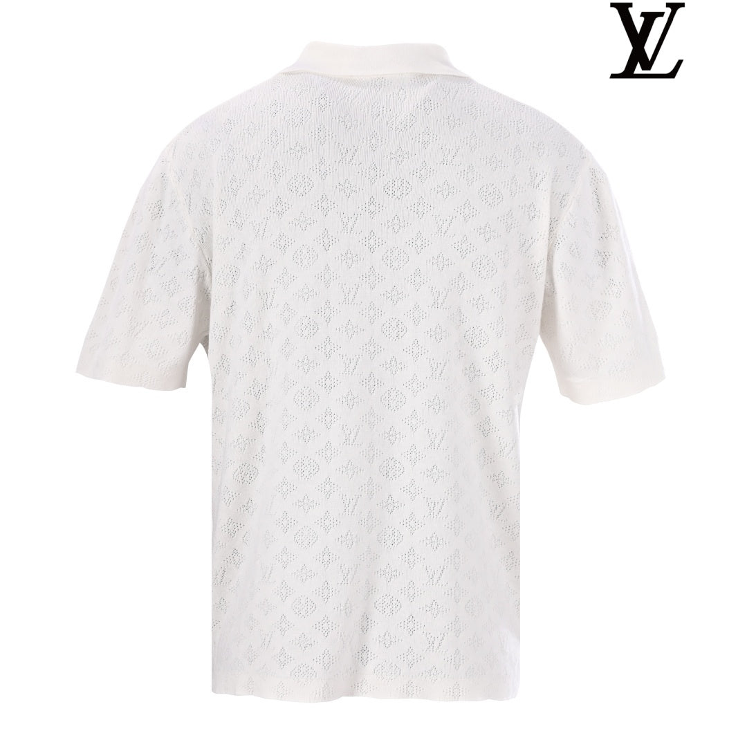 Louis Vuitton Men's White Monogram Mesh-Knit Short-Sleeve Shirt