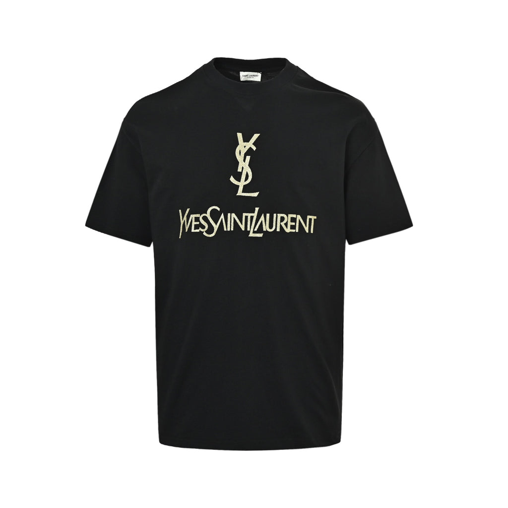Yves Saint Laurent Gold Logo Short-Sleeve T-Shirt in Black