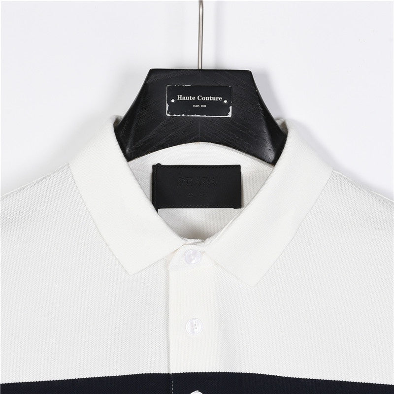 Prada Triangle Logo Short-Sleeve Polo in White and Navy Stripes