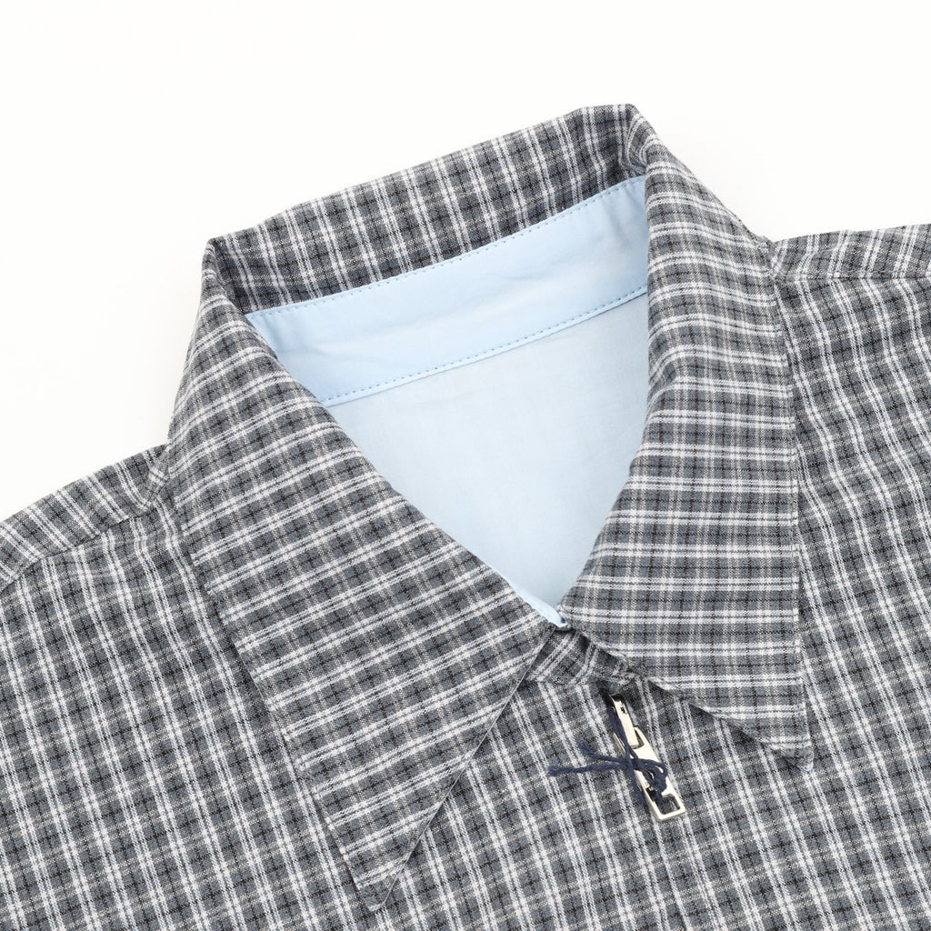 Prada Triangle Logo Check Zip-Up Lapel Jacket | Grey Plaid Lightweight Luxury Outerwear
