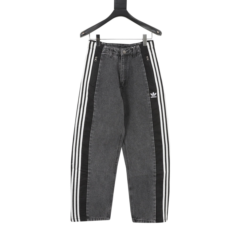 adidas Originals Women's Men's Indigo Side-Stripe Panelled Wide-Leg Denim Jeans