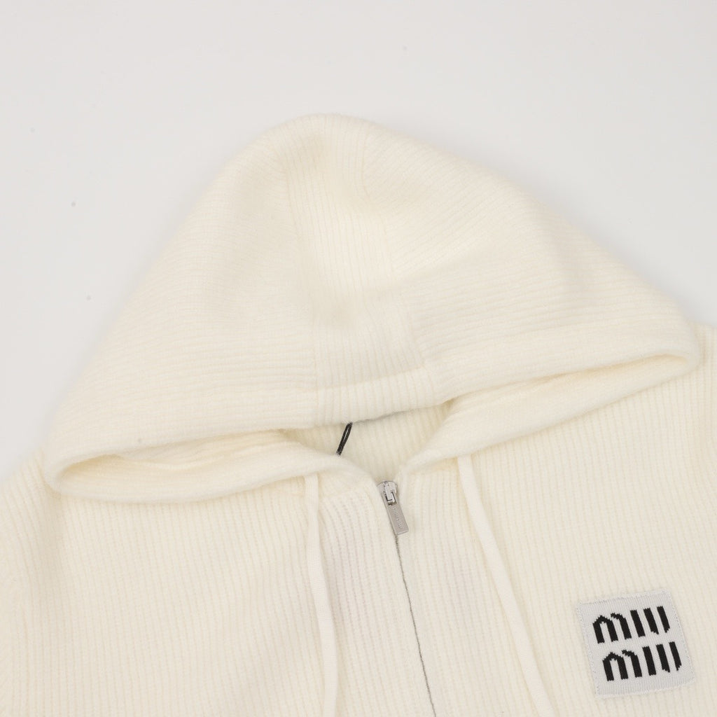 Miu Miu Women's Men's White Ribbed Knit Zip Hoodie