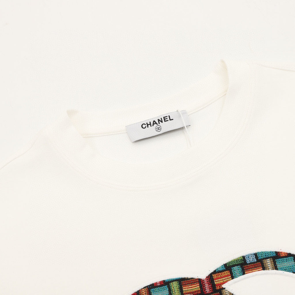 Chanel 25FW Long-Sleeve T-Shirt with Large Embroidered/Appliqué Double-C Logo in Brocade Style