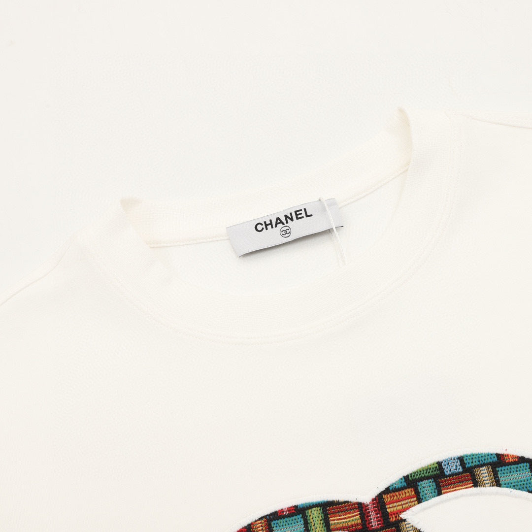 Chanel 25FW Long-Sleeve T-Shirt with Large Embroidered/Appliqué Double-C Logo in Brocade Style