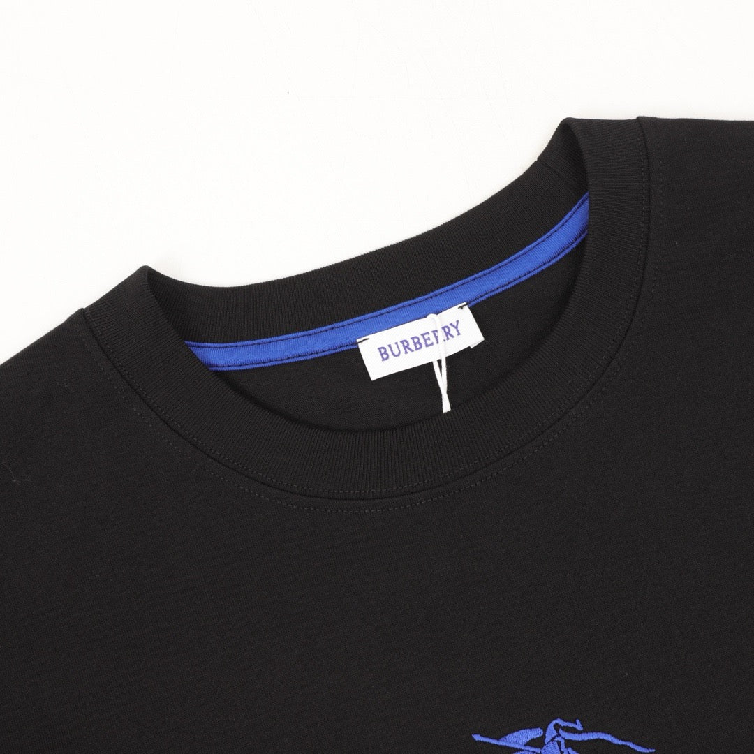 Burberry Equestrian Knight Embroidery Long-Sleeve Top — Black, Cobalt Detail