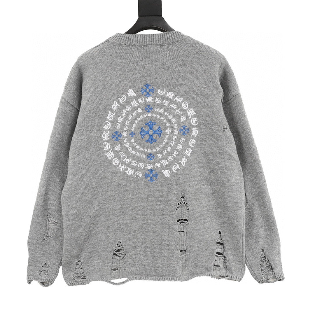 CH Embroidered Sanskrit Cross Distressed Knit Sweater