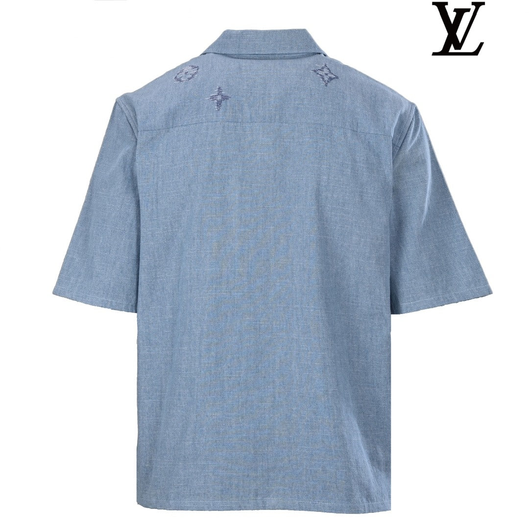 Louis Vuitton Men's Light Blue Embroidered Short Sleeve Shirt