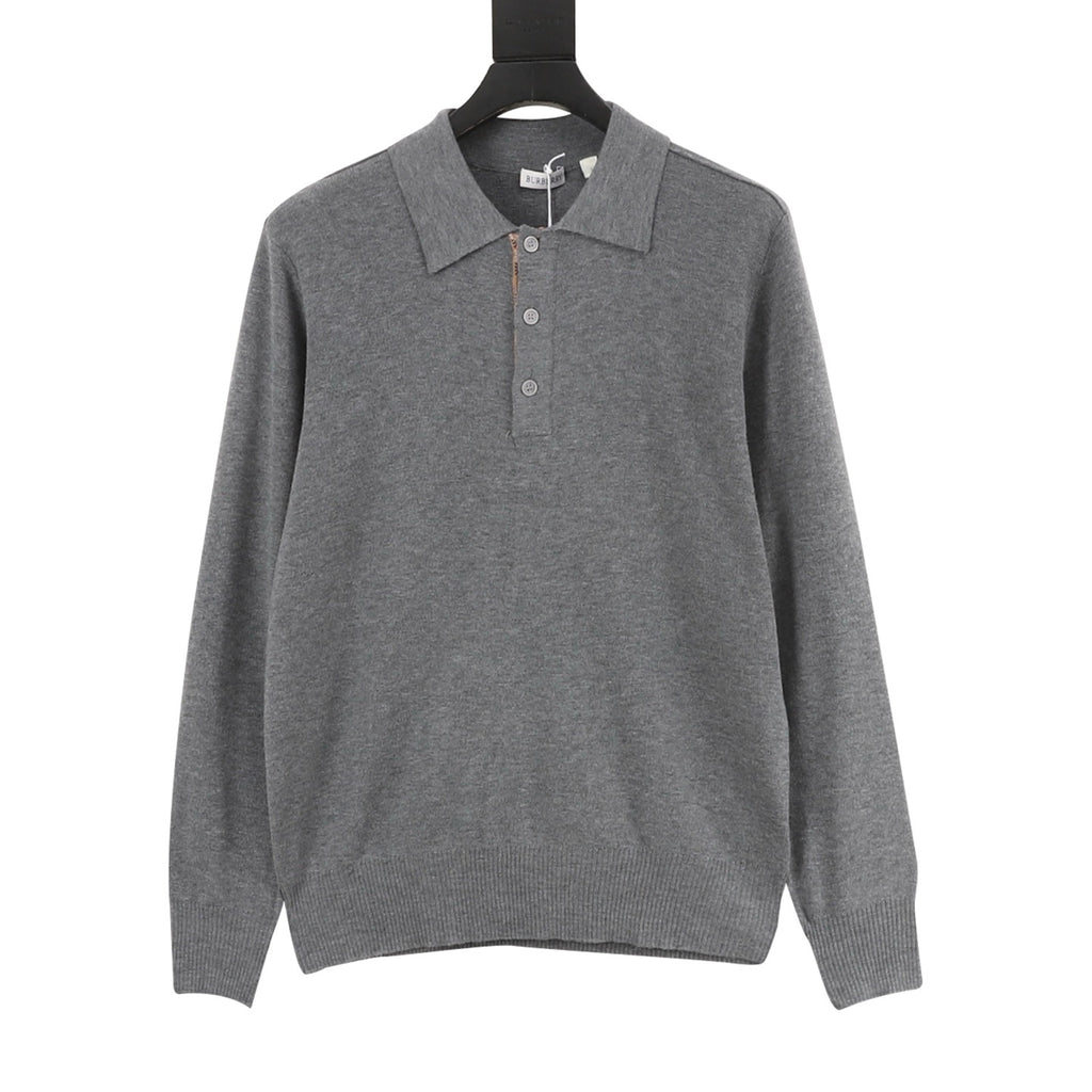 Burberry Five-Color Check Placket Wool Long Sleeve Polo Sweater | Black Relaxed Luxury Knitwear