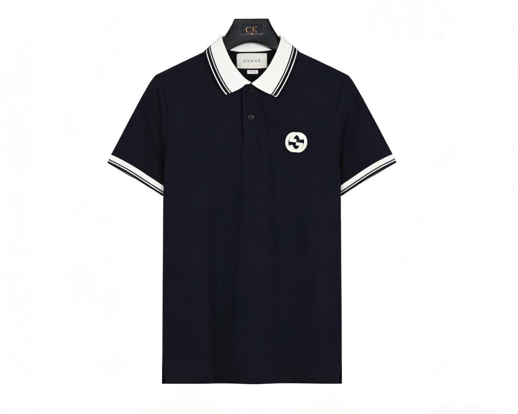 Gucci Interlocking G Patch Striped-Collar Polo Shirt in Navy
