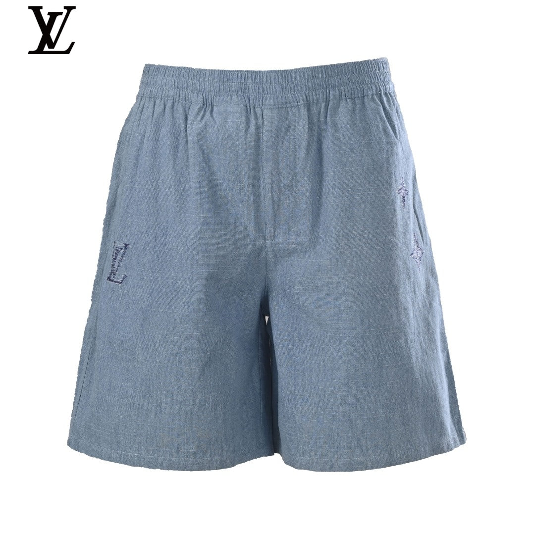 Louis Vuitton Blue Shorts with Embroidered Logo and Elastic Waist