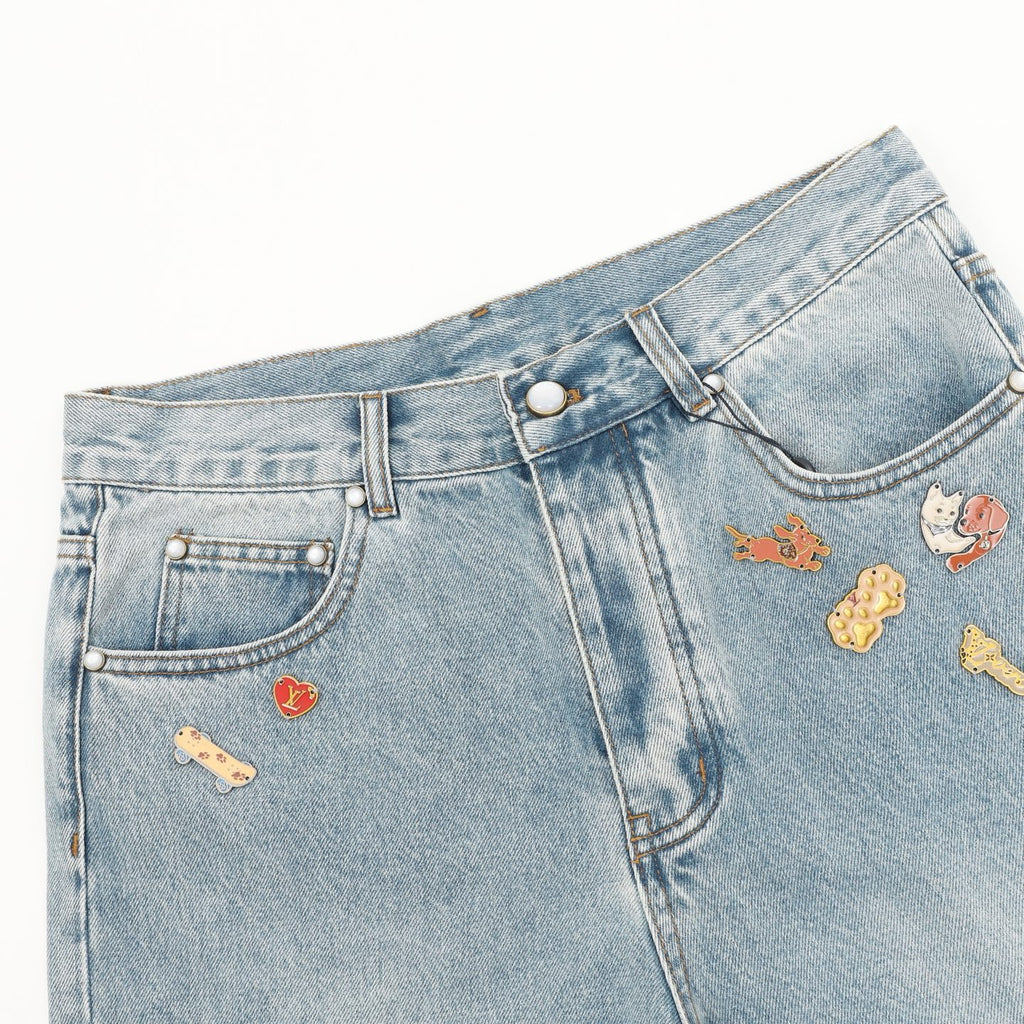 Casablanca Women's Men's Light Wash Blue Pin Embroidery Wide-Leg Jeans