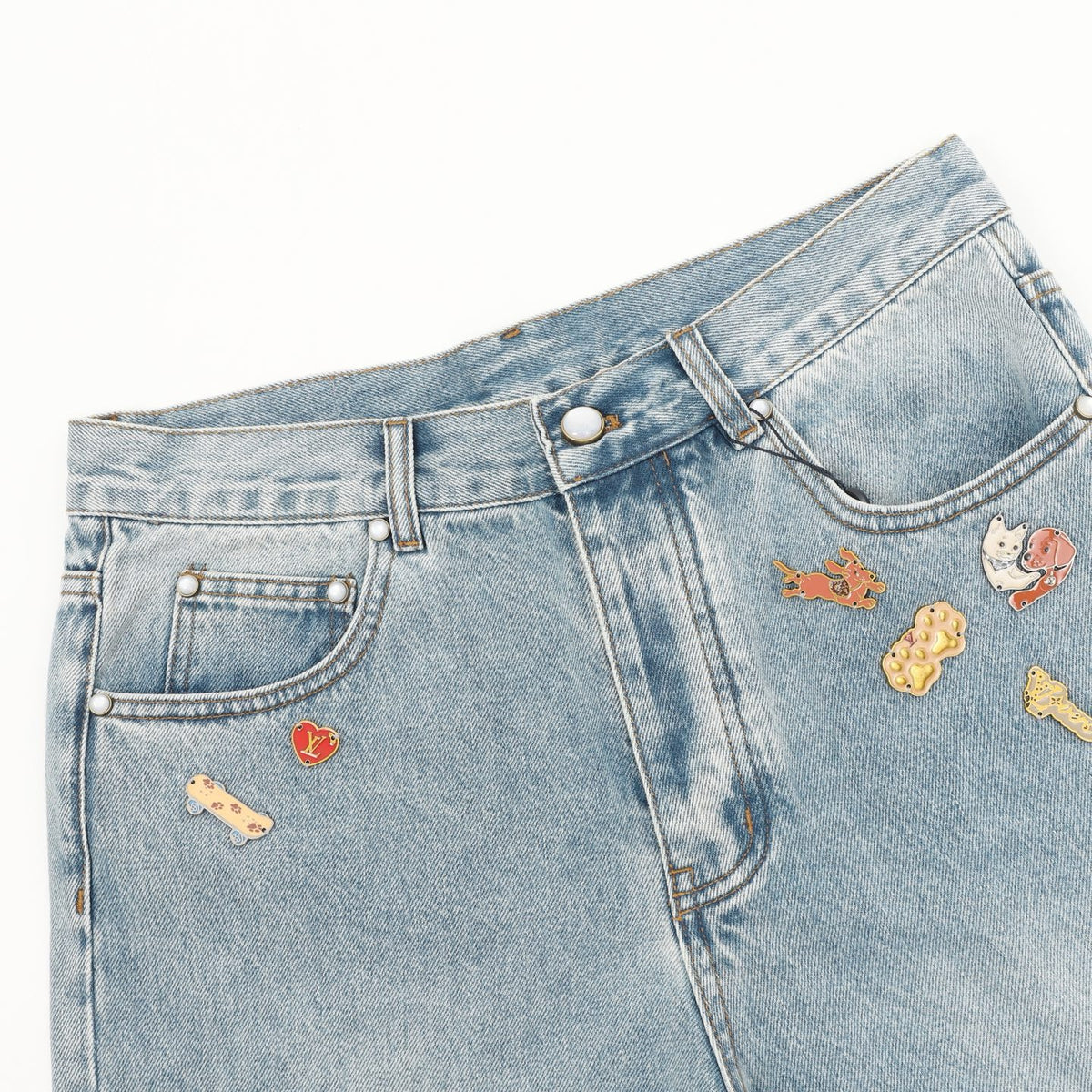 Casablanca Women's Men's Light Wash Blue Pin Embroidery Wide-Leg Jeans