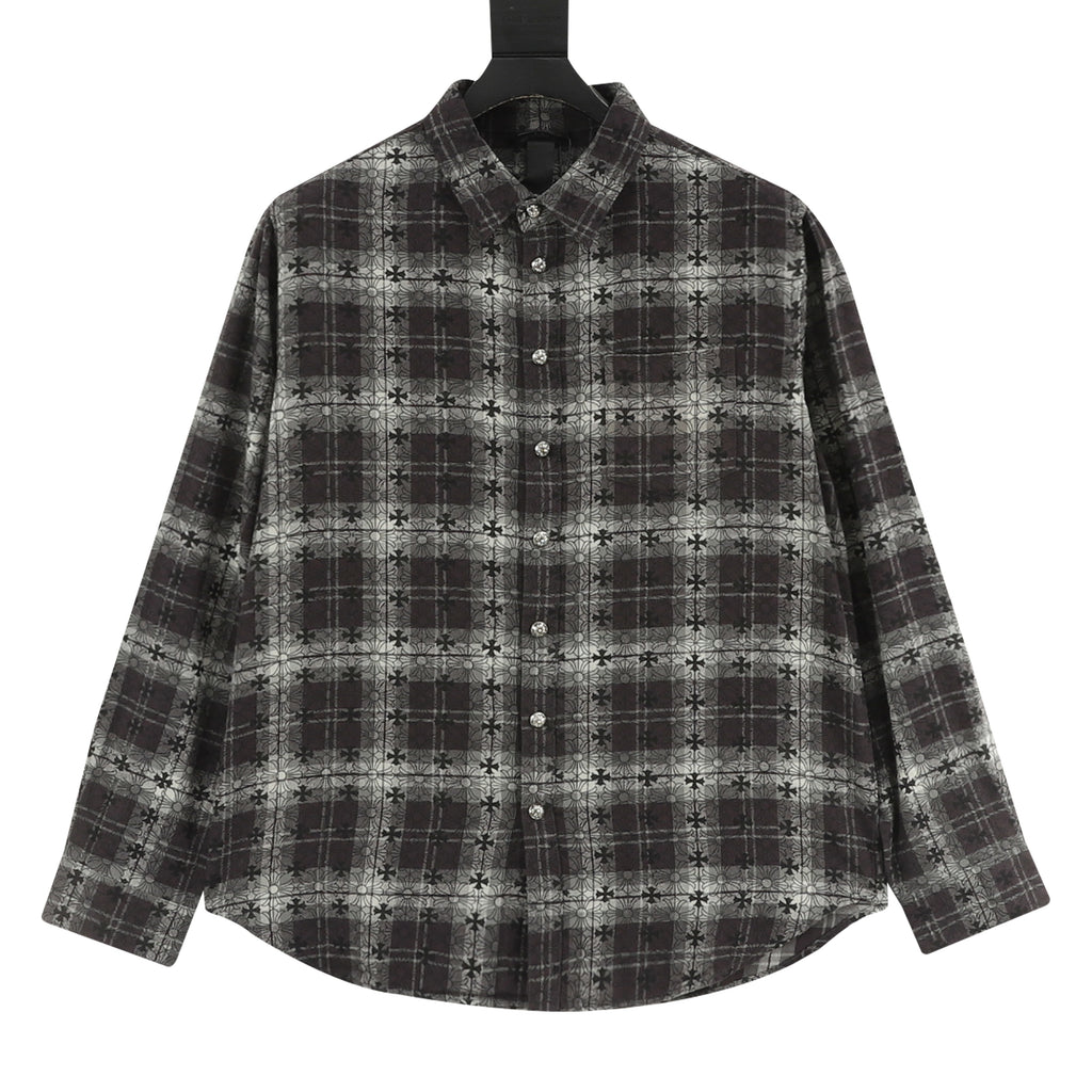 Chrome Hearts All-Over Plaid Cross Long-Sleeve Shirt