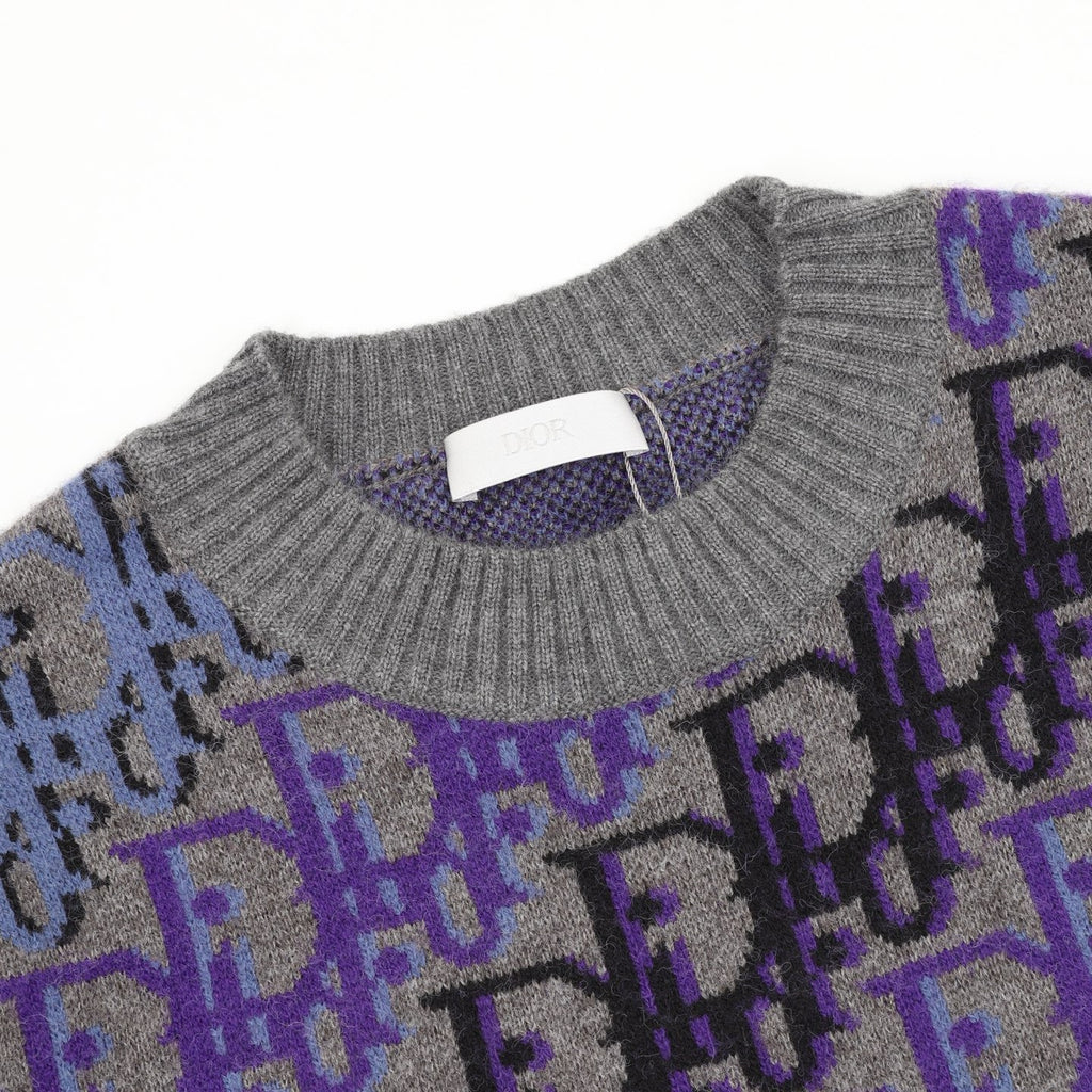 Dior Women's Men's Grey Purple Oblique Jacquard Crewneck Sweater