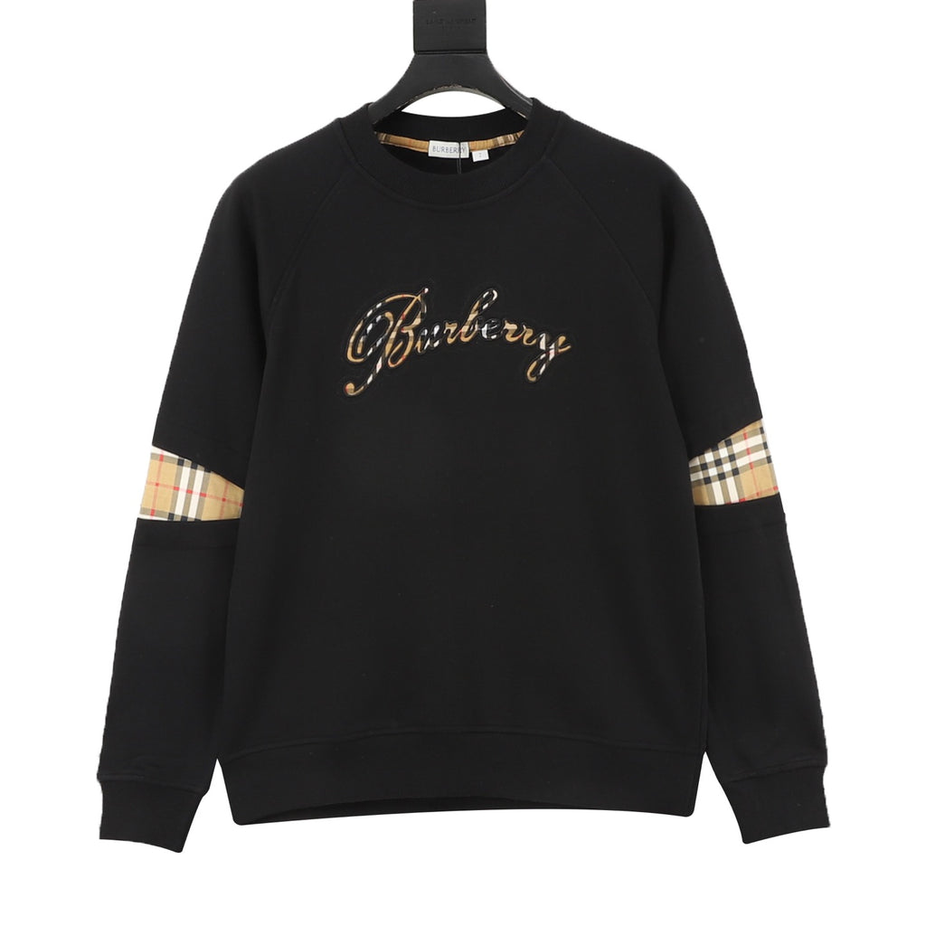 Burberry Women's Men's Black Script Logo Check-Panel Crewneck Sweatshirt
