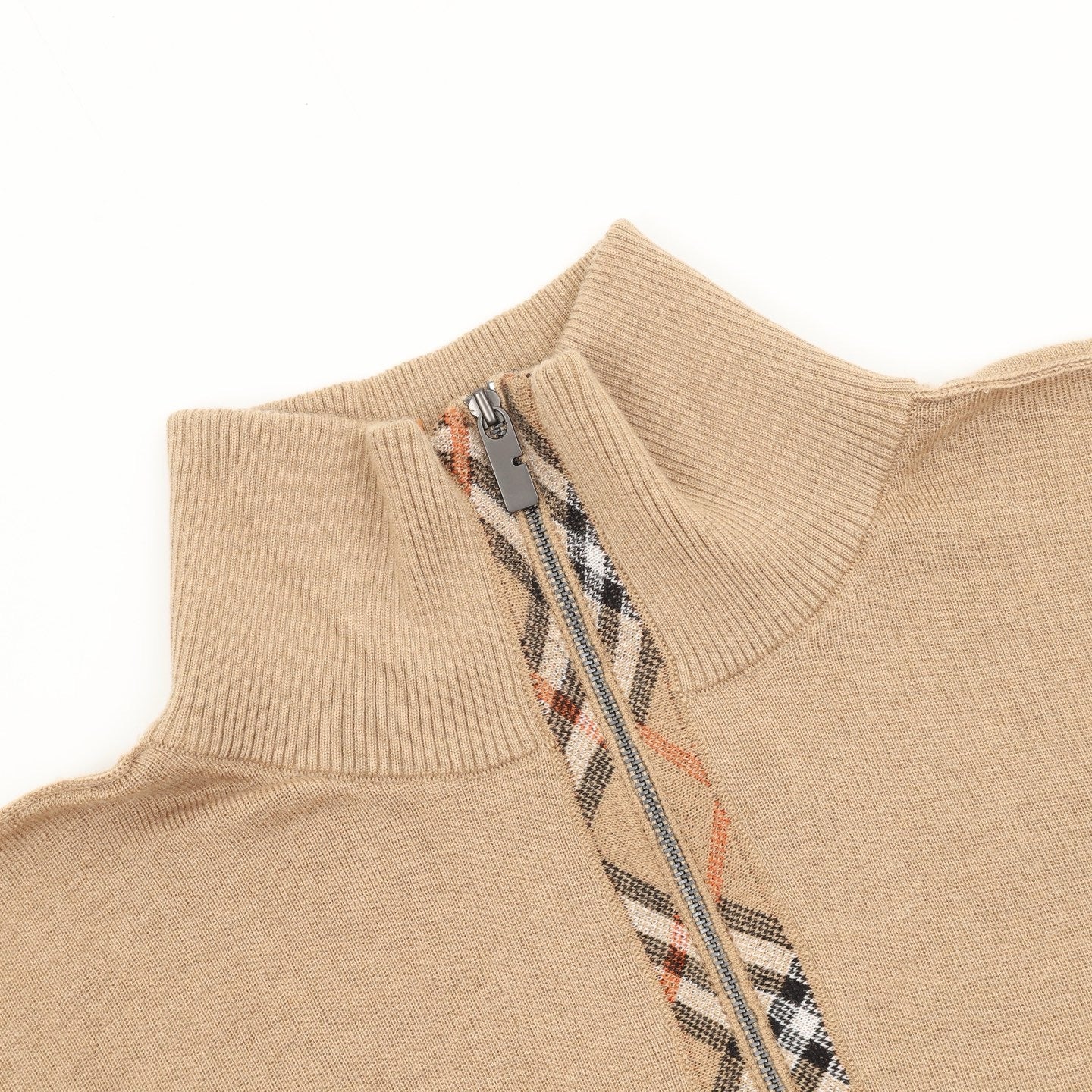 Burberry Check Plaid Zip-Up Wool Knit Sweater