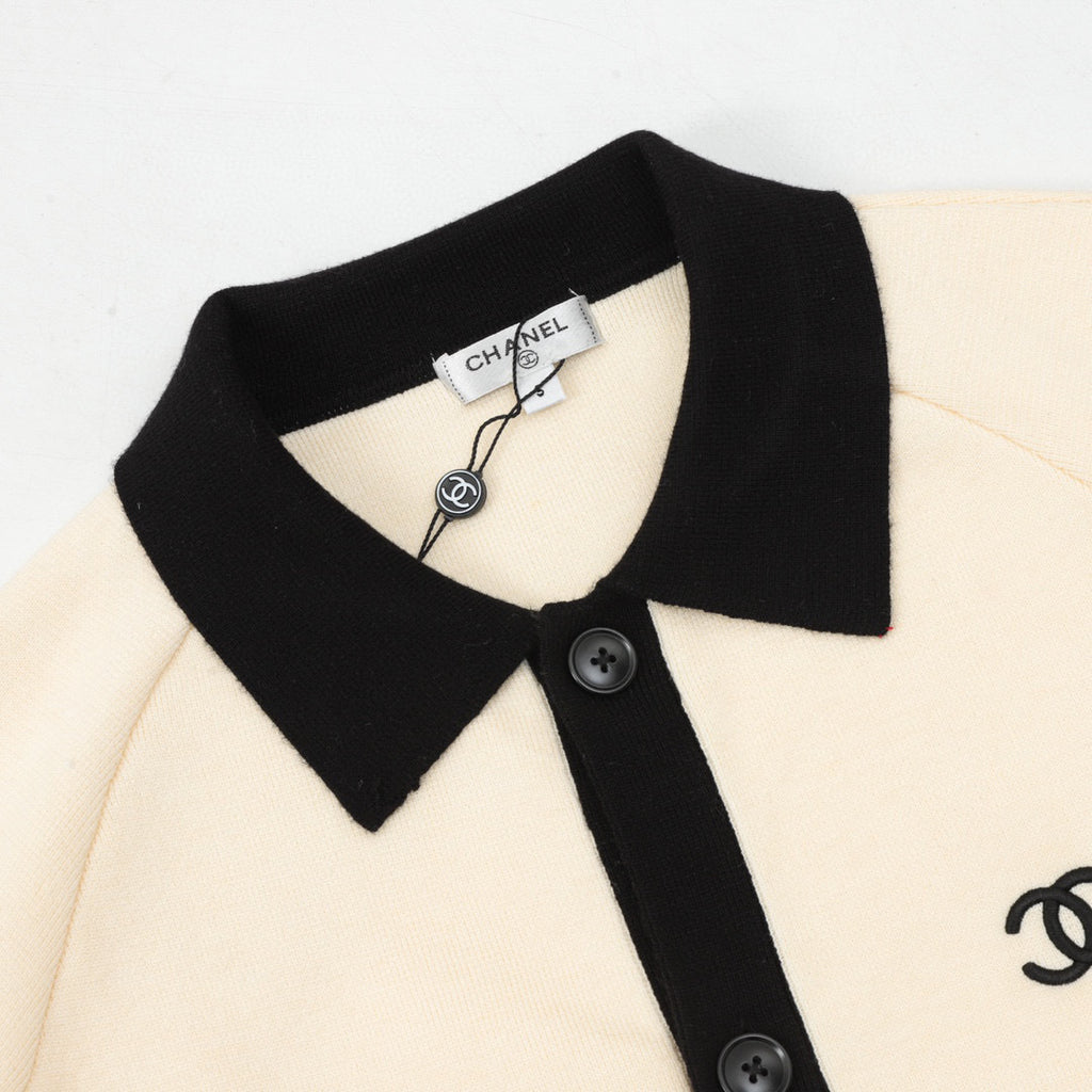 Chanel Contrast-Trim Knit Cardigan with CC Logo and Collar