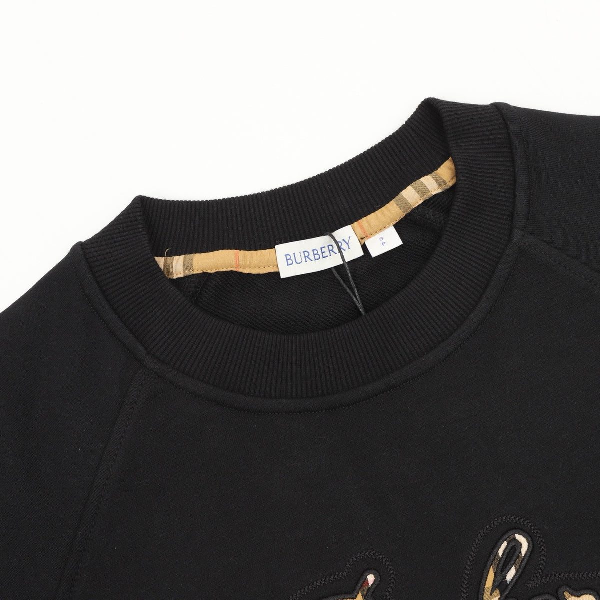 Burberry Women's Men's Black Script Logo Check-Panel Crewneck Sweatshirt