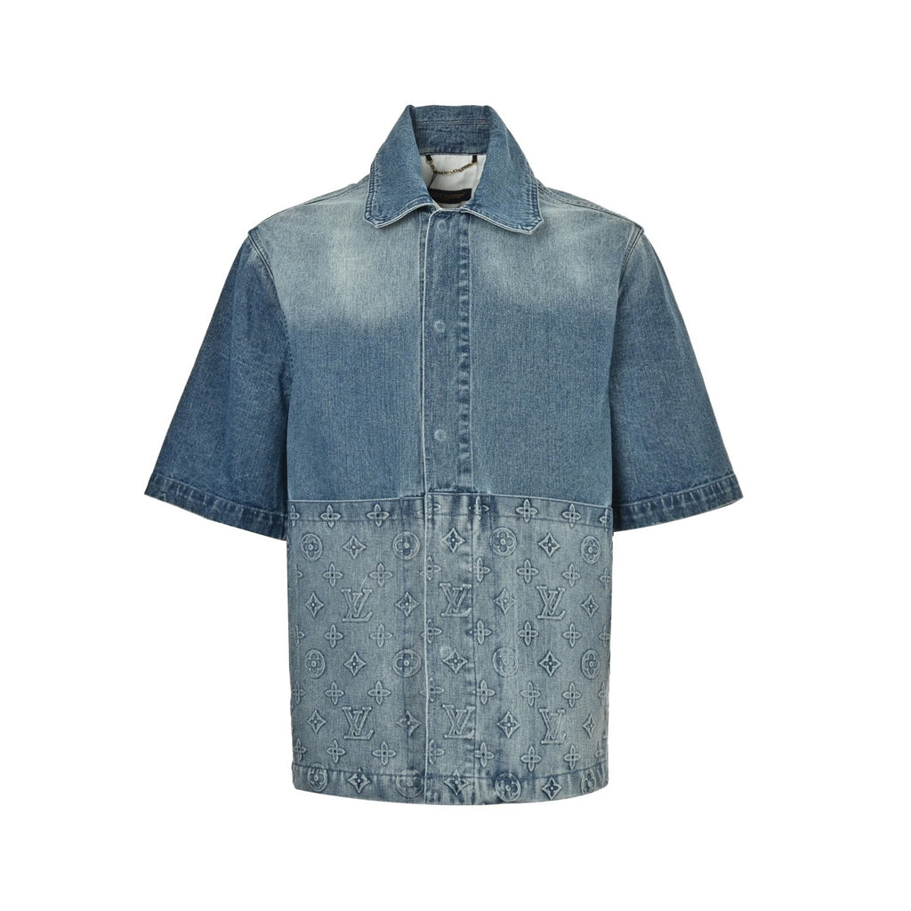Louis Vuitton Monogram-Embossed Short-Sleeve Denim Shirt in Blue