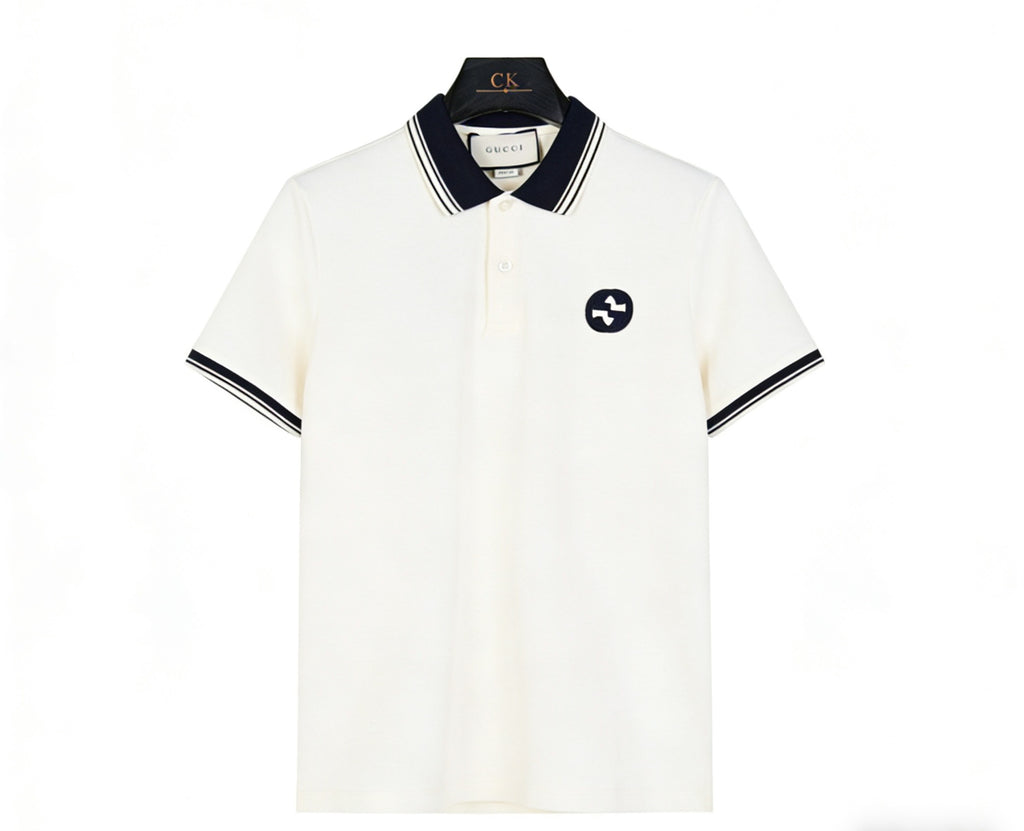 Gucci Interlocking G Patch Striped-Collar Polo Shirt in White