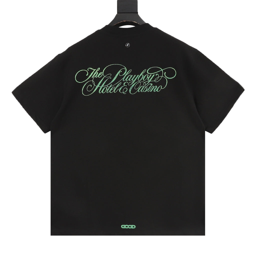 Goodboy "The Playboy Hotel & Casino" Green Script Print Short-Sleeve T-Shirt in Black