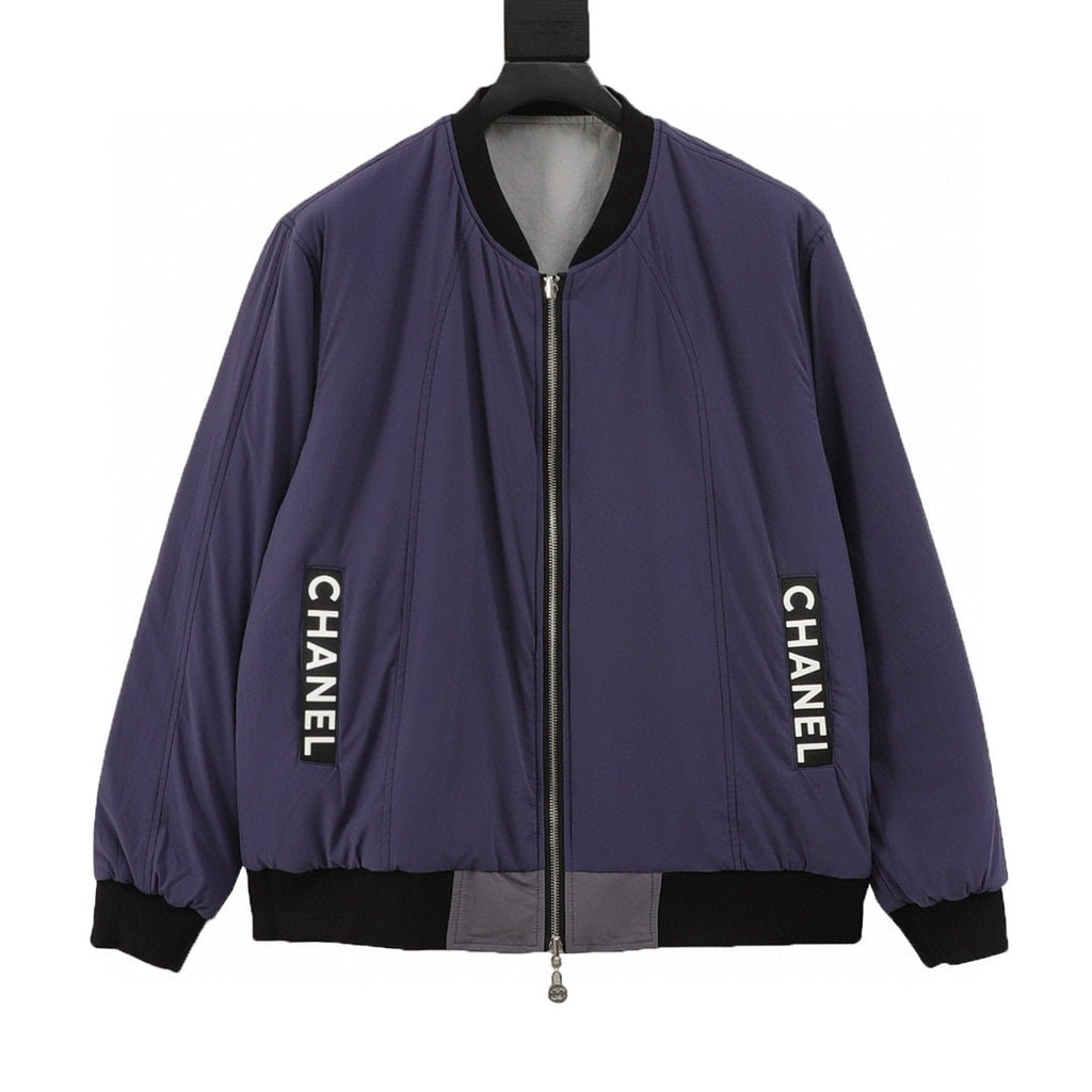Chanel Reversible Quilted Cotton Jacket with Embroidered Slogan and Vintage-Style Zipper