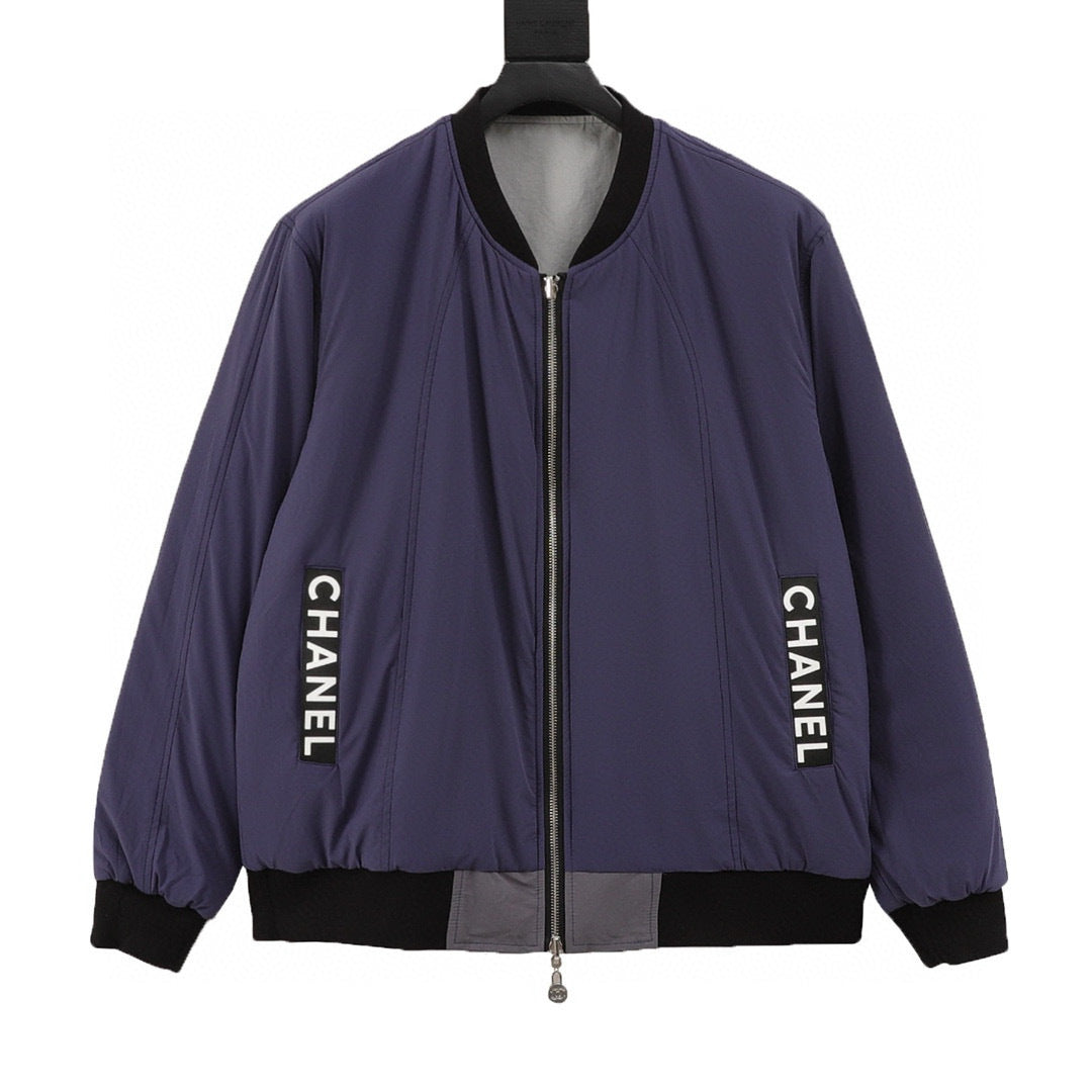 Chanel Reversible Quilted Cotton Jacket with Embroidered Slogan and Vintage-Style Zipper
