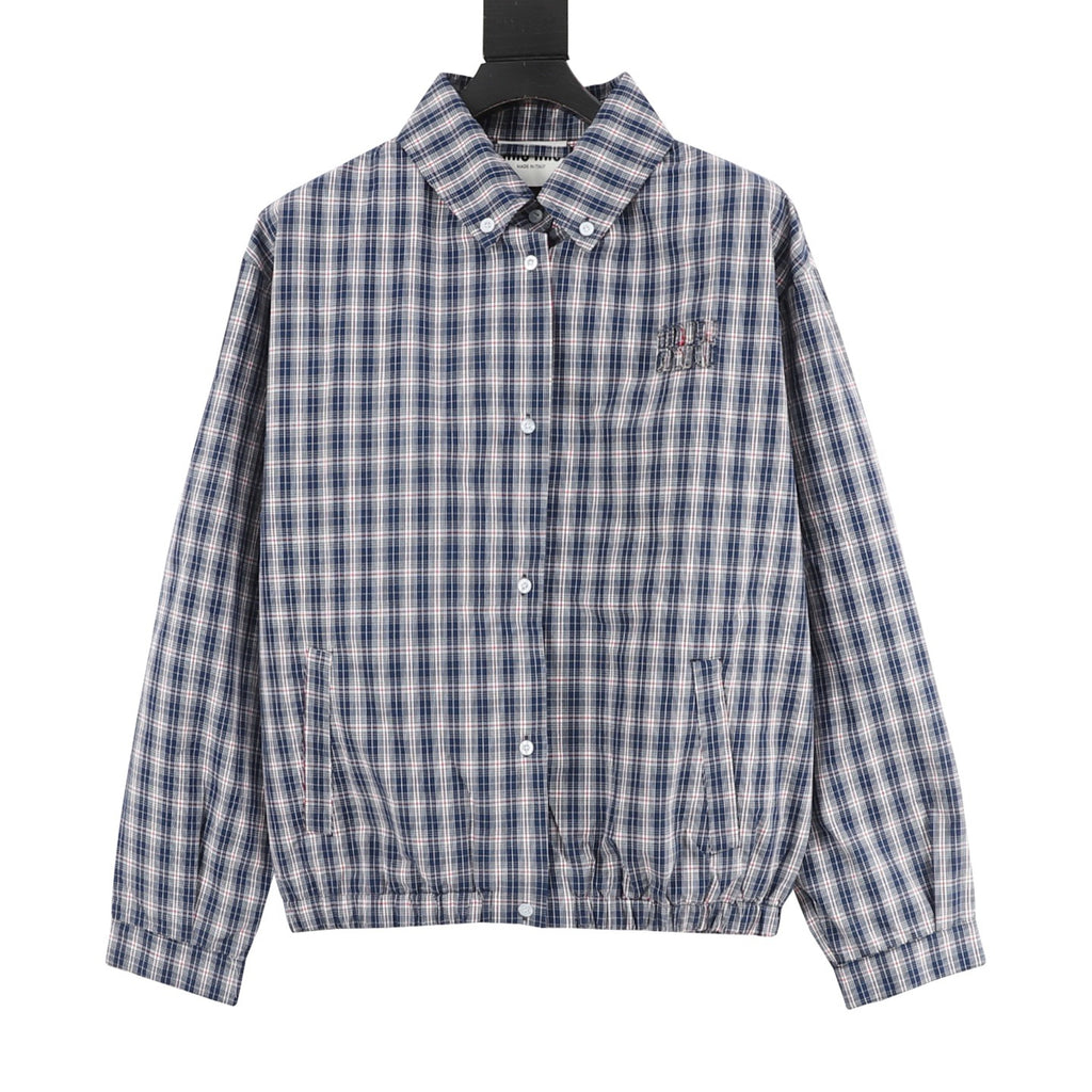 Miu Miu Blue Plaid Embroidered Logo Shirt Jacket | Elastic Hem Preppy Casual Outerwear