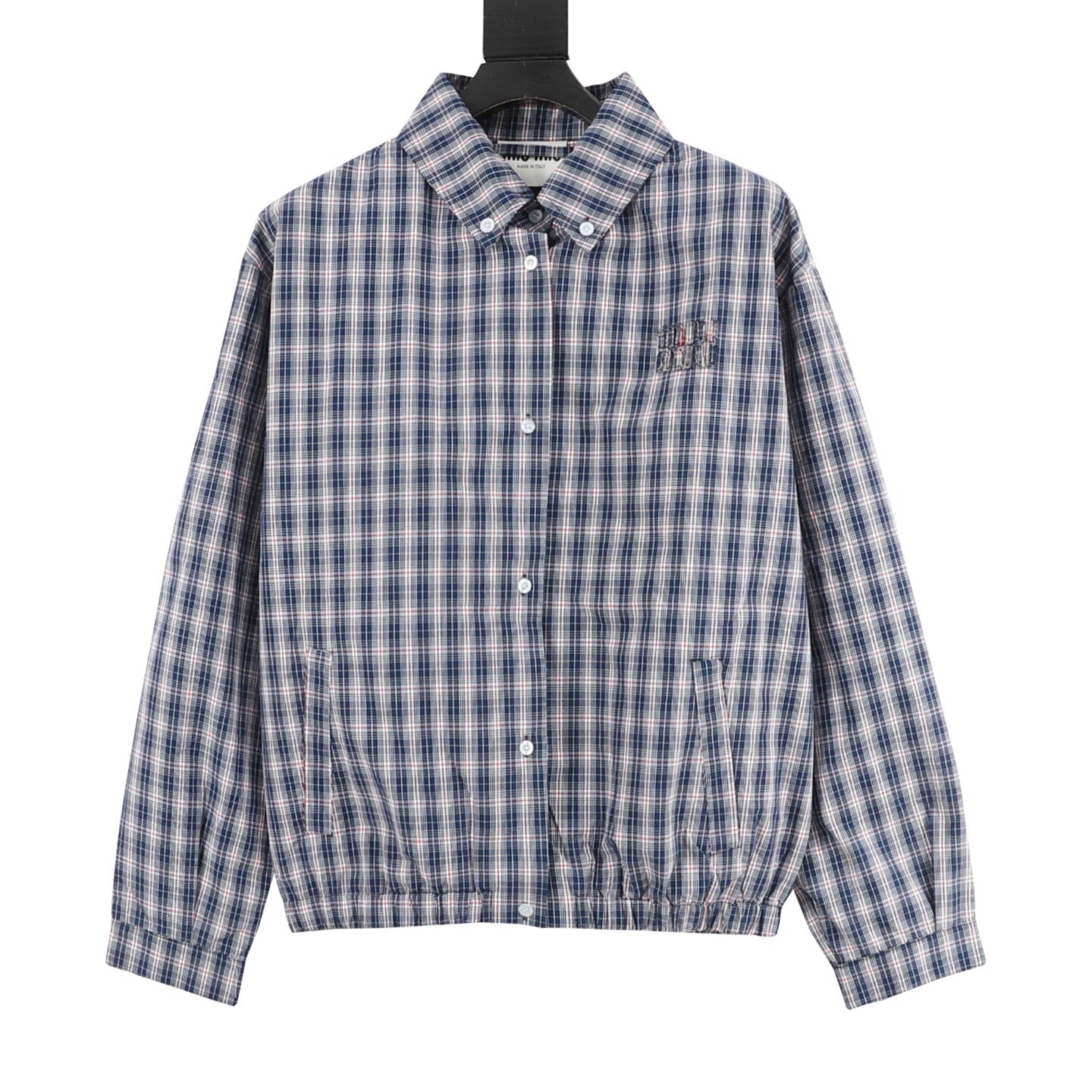 Miu Miu Blue Plaid Embroidered Logo Shirt Jacket | Elastic Hem Preppy Casual Outerwear
