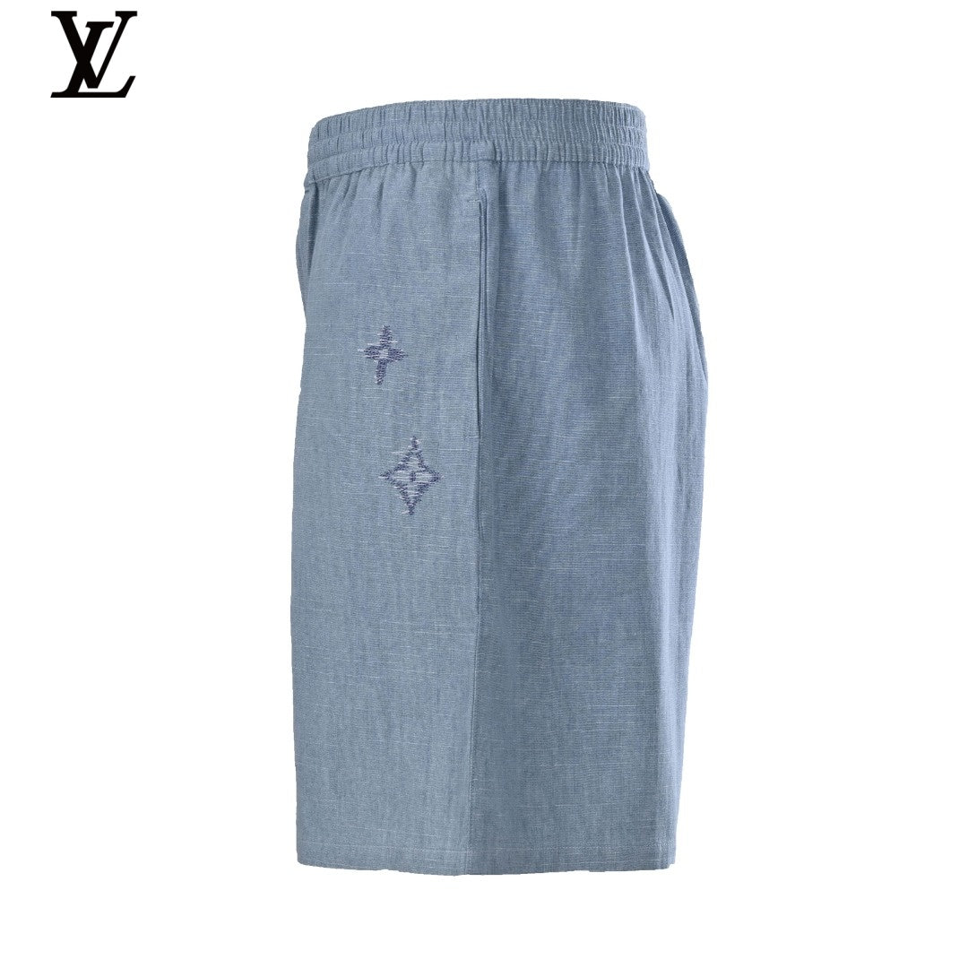 Louis Vuitton Blue Shorts with Embroidered Logo and Elastic Waist