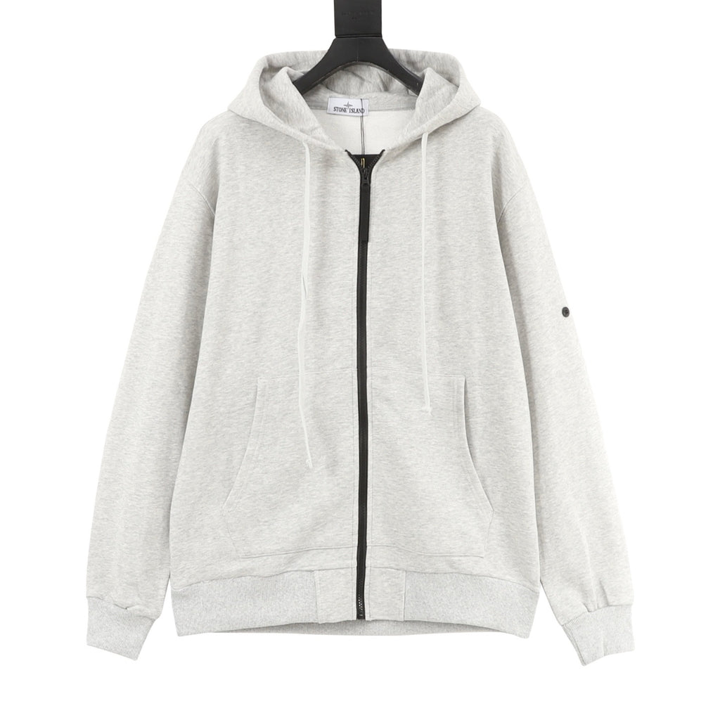 Stone Island Sleeve Patch Hooded Zip-Up Jacket | White Contrast Zip Casual Outerwear