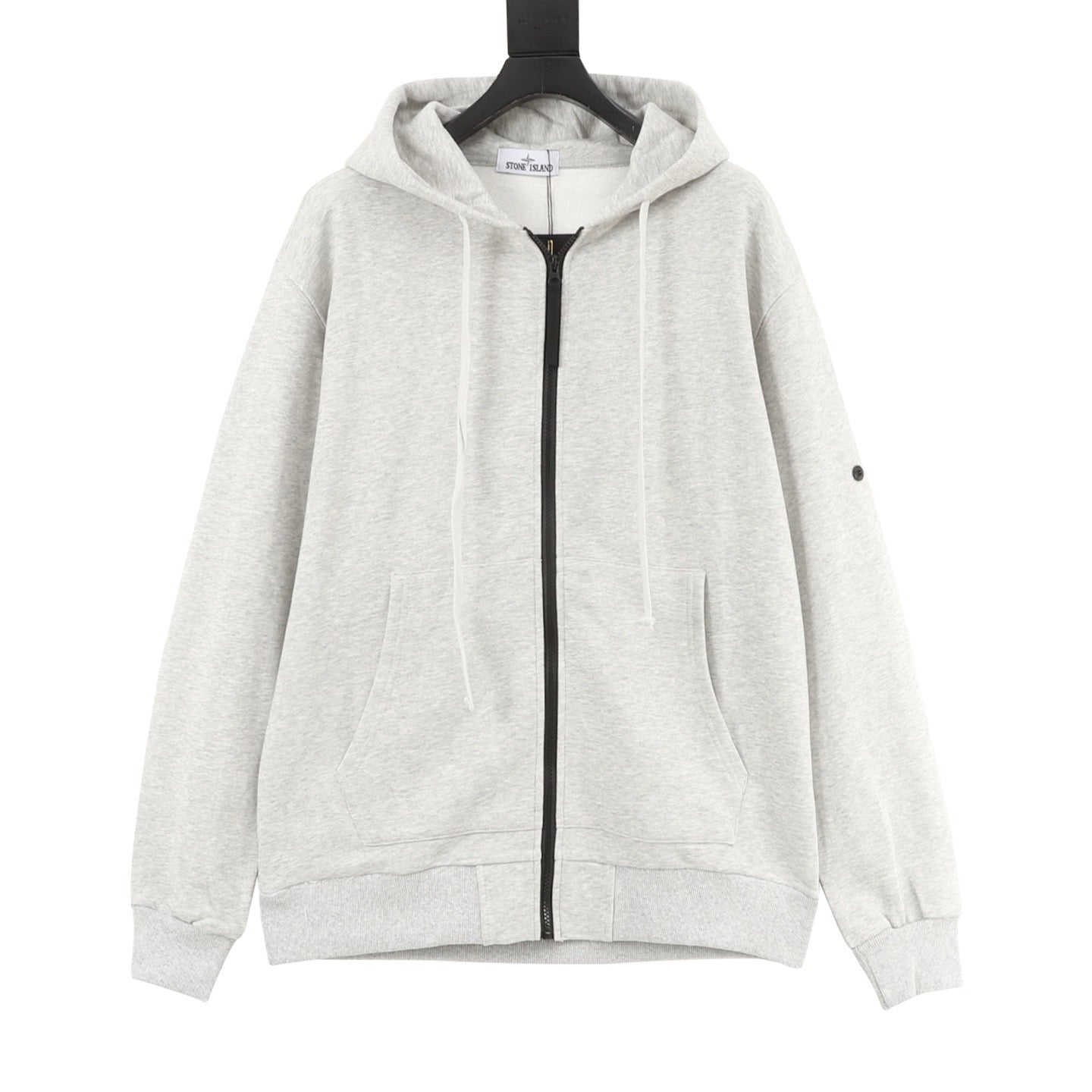 Stone Island Sleeve Patch Hooded Zip-Up Jacket | White Contrast Zip Casual Outerwear