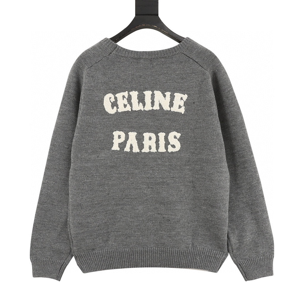 Celine Paris Back Chenille Appliqué Crew Neck Knit Sweater