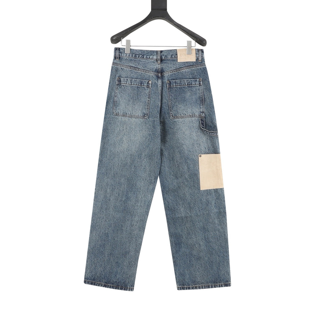 Loewe Contrast Stitch Wide-Leg Washed Denim Trousers | Black Leather Patch Workwear Luxury