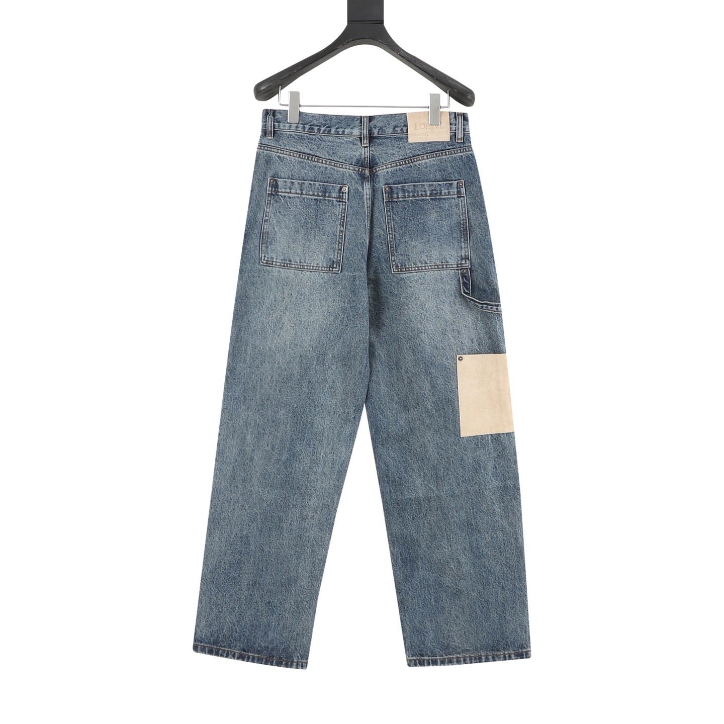 Loewe Contrast Stitch Wide-Leg Washed Denim Trousers | Black Leather Patch Workwear Luxury