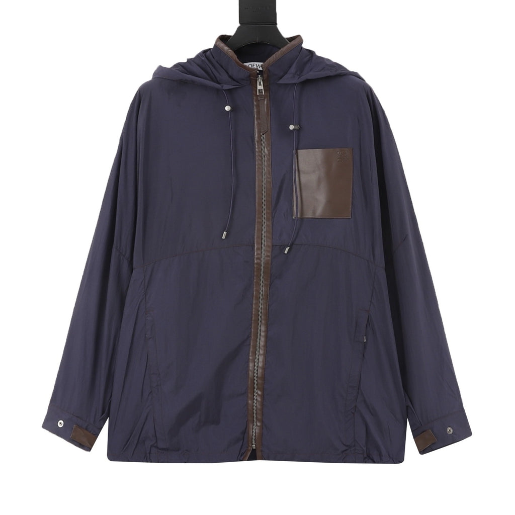 Loewe Women's Men's Navy Leather Pocket Hooded Windbreaker
